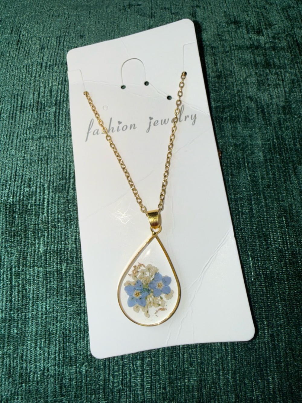 Gold Teardrop Necklace with Blue Floral Pendant - Fashion Jewelry